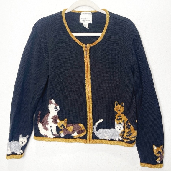 Christopher & Banks Sweaters - Christopher & Banks Y2K Cat Lady Zip Up Hand Embroidered Knit Cardigan Vintage